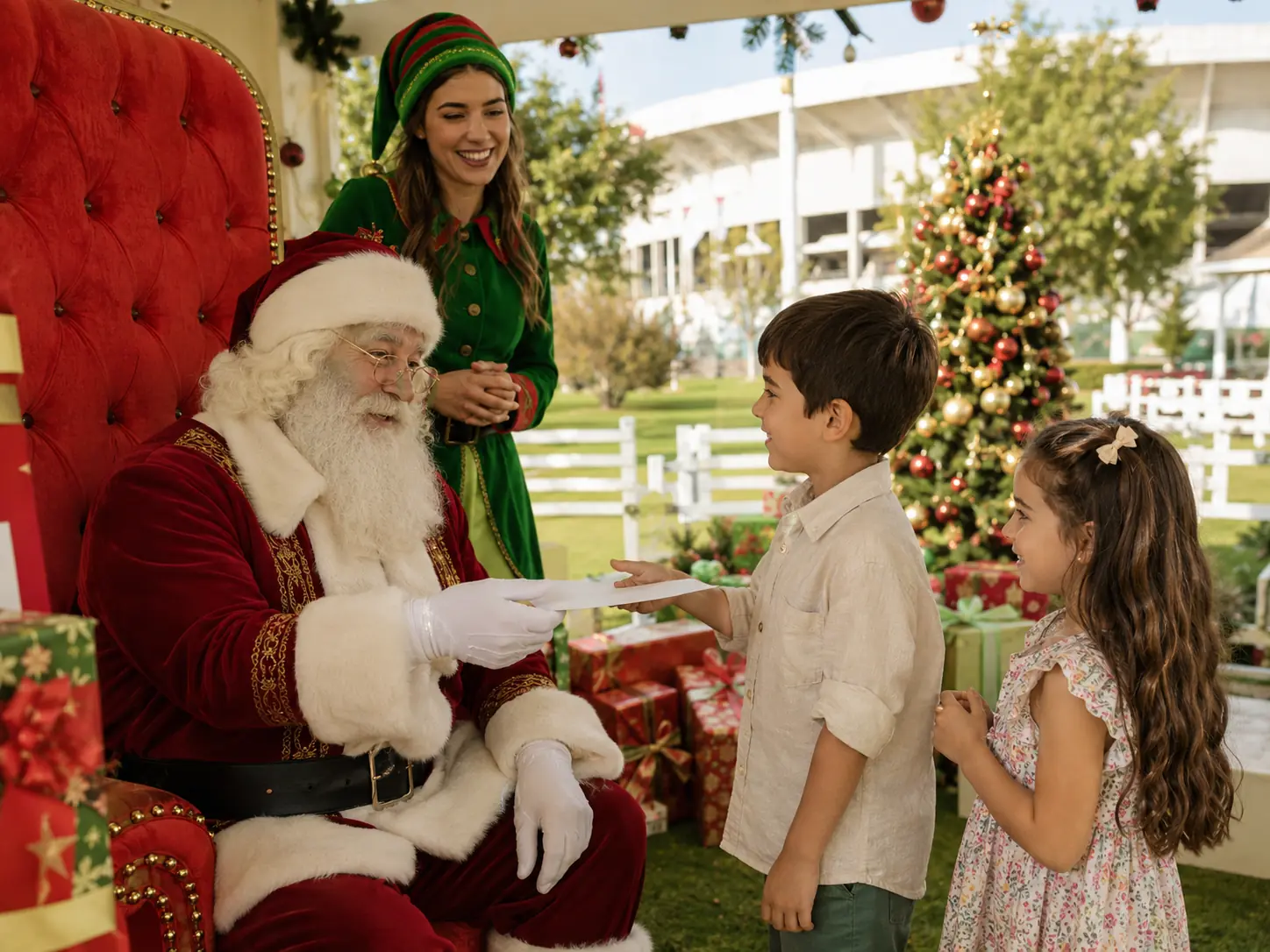 Santa compartiendo con niños en el Parque de Navidad
