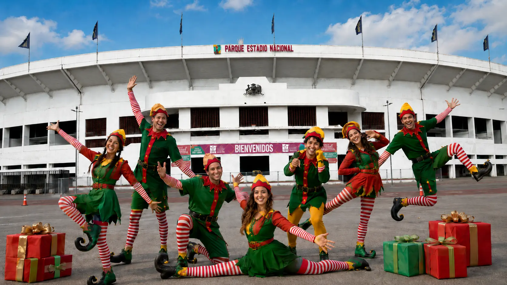 Elenco del Parque de Navidad frente al Estadio Nacional
