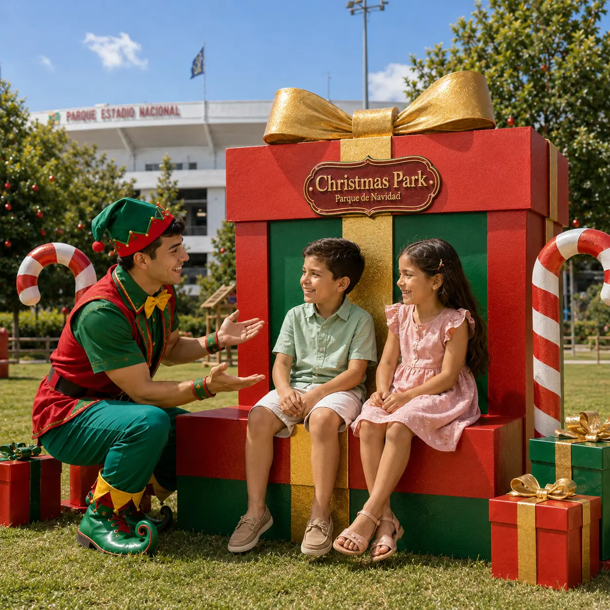 Niños compartiendo con un anfitrión dentro de un gran regalo navideño