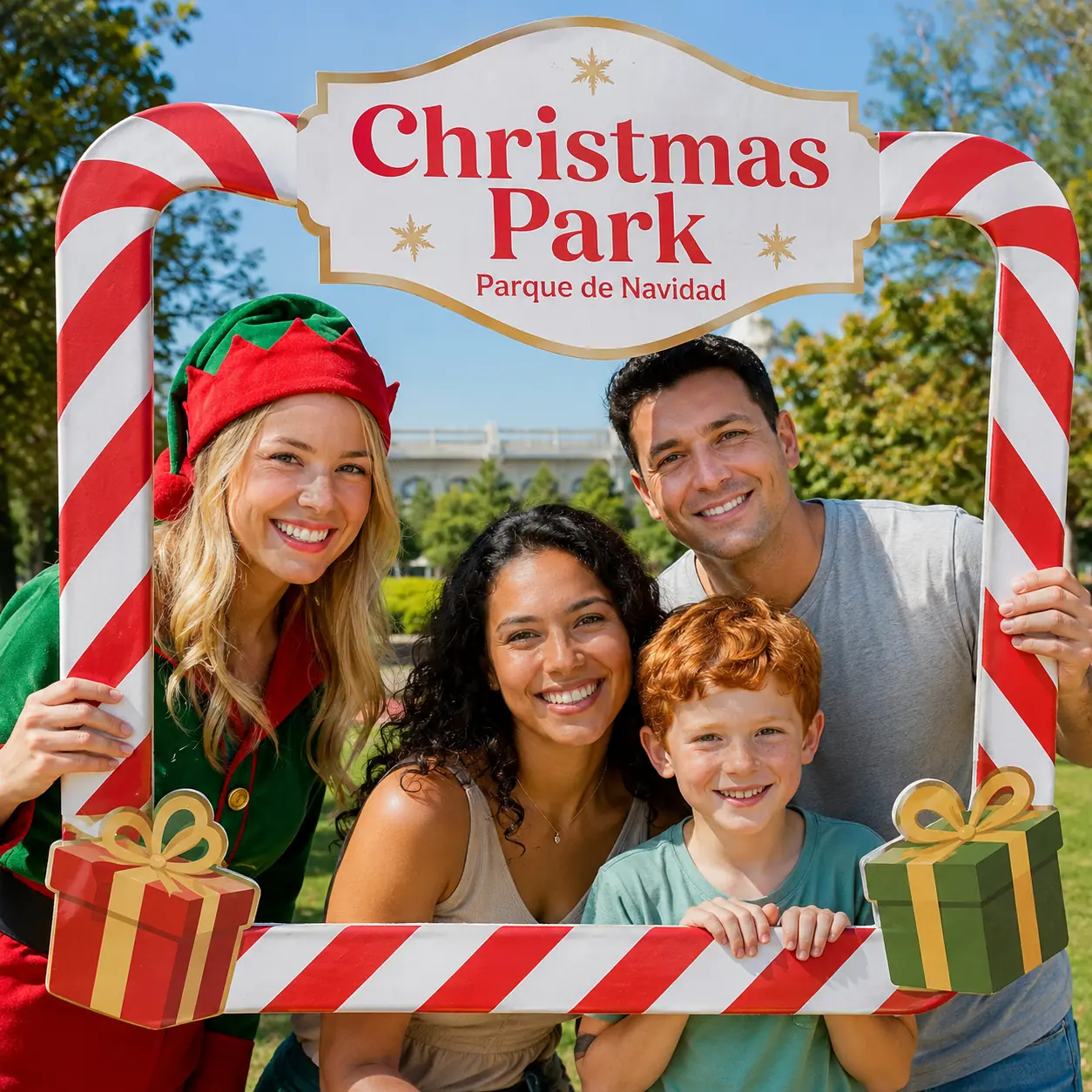 Familia en un marco fotográfico de dulces navideños