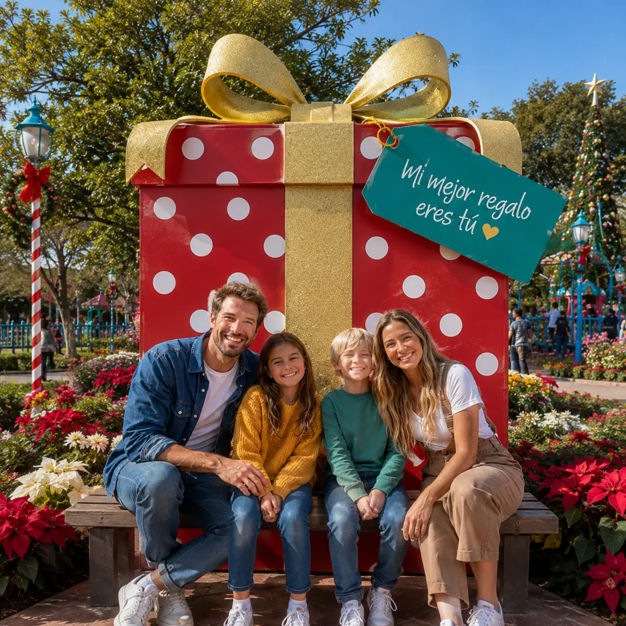 Familia en un gran regalo navideño