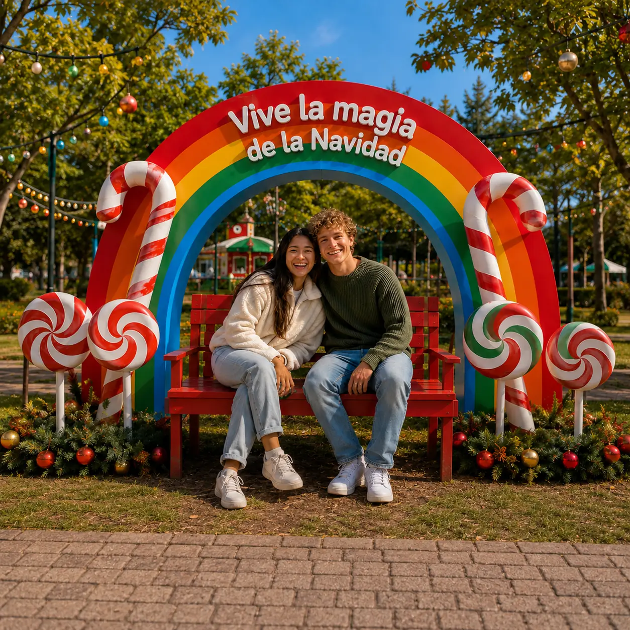 Pareja en un espacio fotográfico de arcoíris