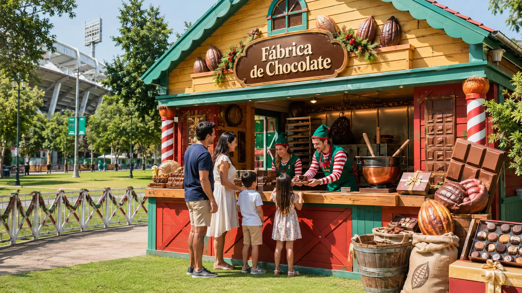 Familia en la Fábrica de Chocolate del Parque de Navidad