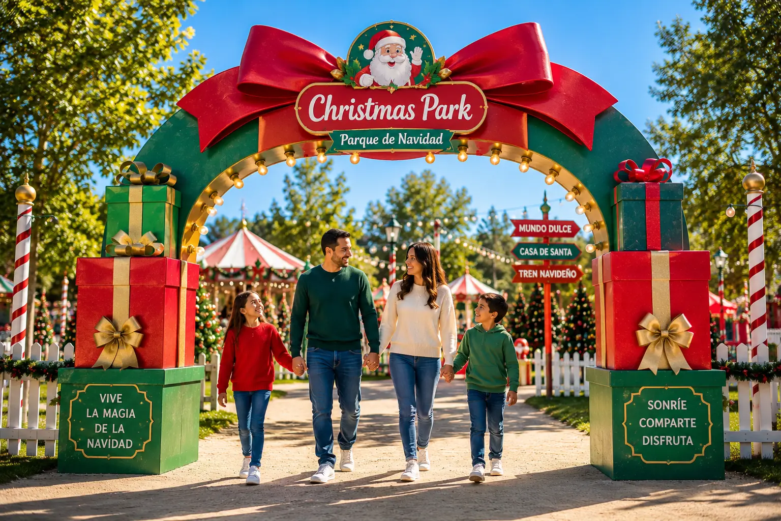 Familia ingresando por el pórtico del Parque de Navidad