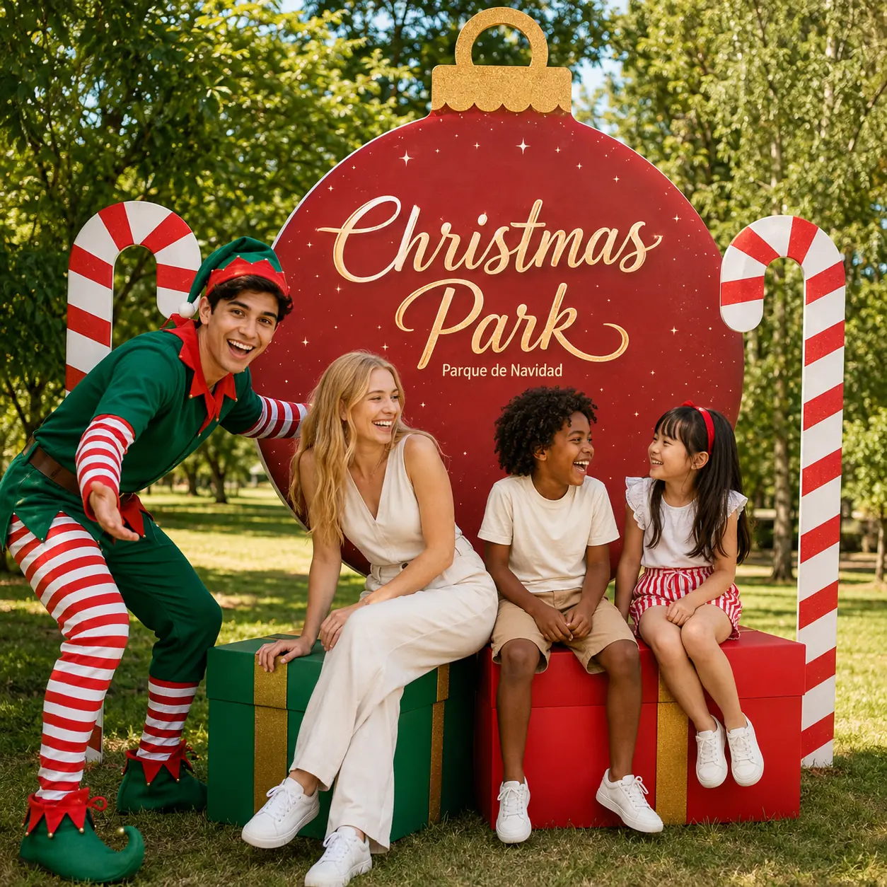 Familia compartiendo con una anfitriona del Parque de Navidad